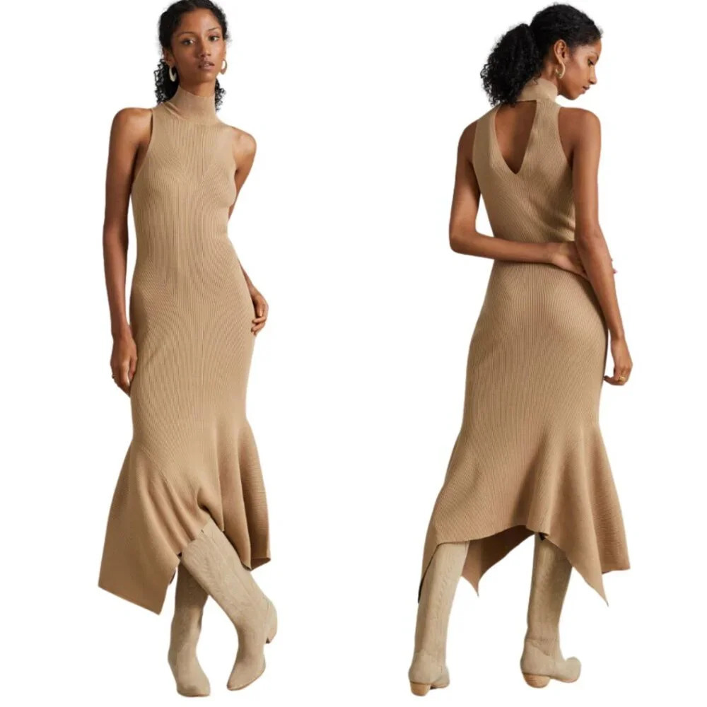 NWT Anthropologie Mock Neck Midi Dress Women's Small Cedar Tan Sleeveless Knit